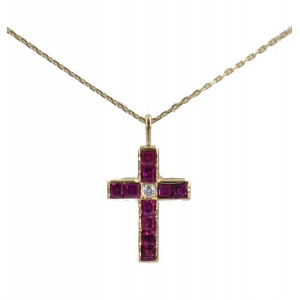 Collier avec croix ornée de rubis carrés  or jaune 42 cm - Bijou Vintage